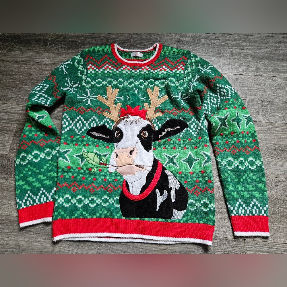 Mens Womens Holiday Time Ugly Christmas Red Green Knit Cow Sweater
